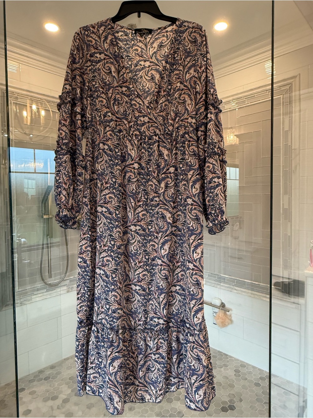 Suzanne Betro Navy and Cream Paisley Tiered Maxi Dress
